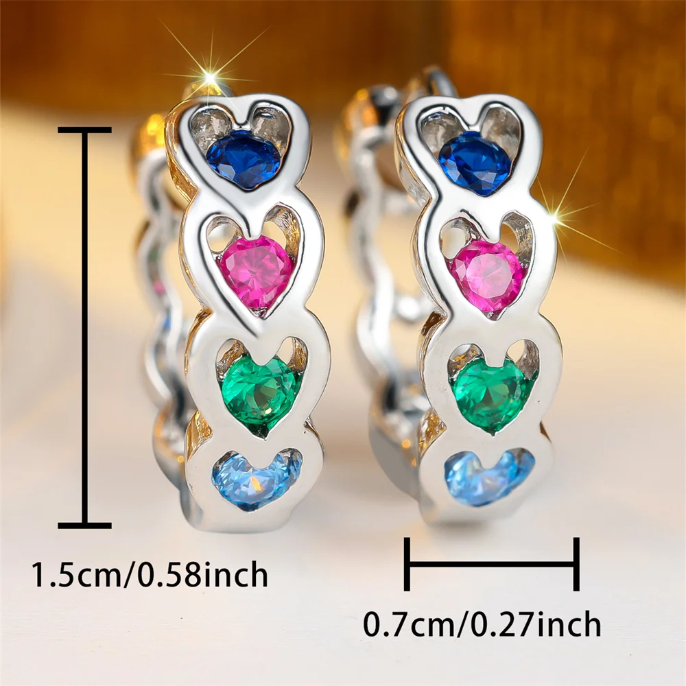 Single Row Love Heart Rainbow Crystal Hoop Earrings For Women Vintage Gold Silver Color Ear Buckle Wedding Jewelry Bridal Gifts