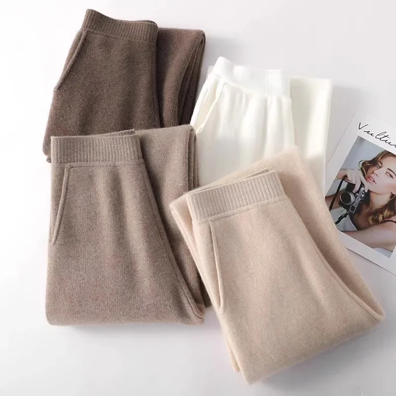 

KUCLUT Knitted Women Pants Fall Winter 2024 Korean Fashion High Waist Wool Wide Leg Sweatpants Casual Straight Loose Trousers
