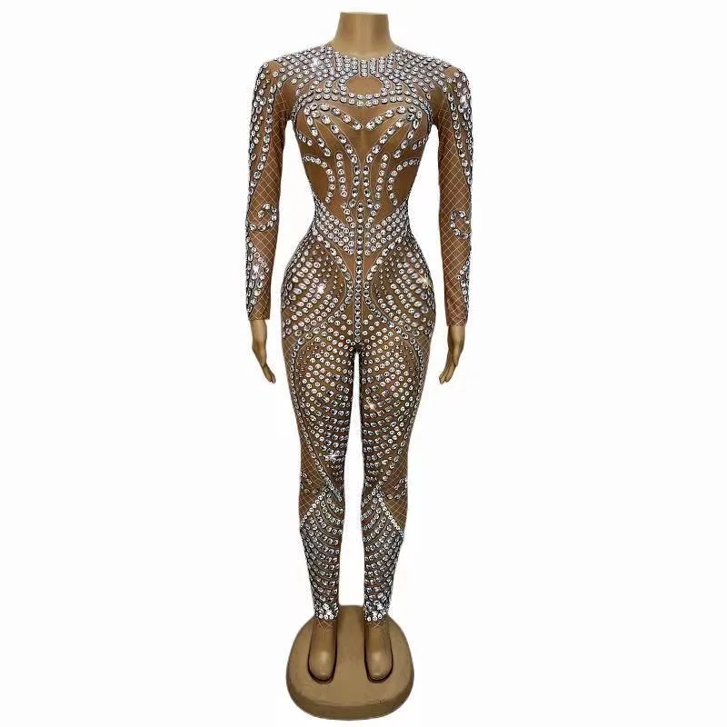 

Silver Crystals Sexy Nude Stretch Rompers_eggings One-piece Costume Jumpsuit OutfitPattern Bodysuit Birthday Wear zhizhu
