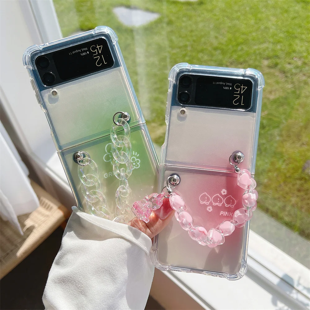 Pretty Flower Bracelet For Samsung Galaxy Z Flip 3 Case Gradient Color Transparent With Lanyard for Samsung Z Flip3 5G Cover galaxy flip3 case
