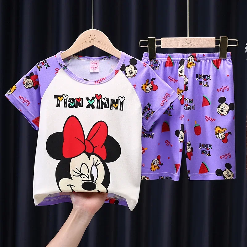 Summer Girl Short Sleeve Pajamas Set Cartoon Spiderman Mickey Minnie Sleepwear Baby Boy Homewear Children Clothing Kid Nightgown
