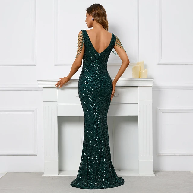Wumi V Neck Sequin Beaded Mermaid Gown - Image 5