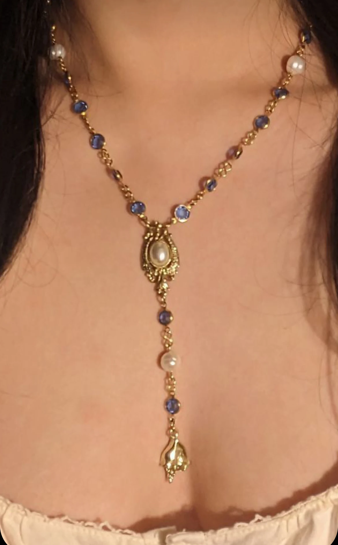 Charm Imitation Pearl Design Blue Glass Chain Y-shaped Necklace Women