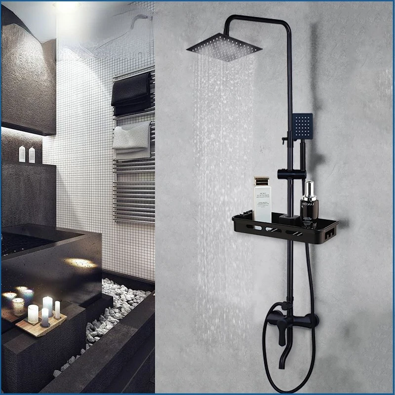 

Matte Black Rainfall Shower Faucet Set Single Lever Bathtub Shower Mixer Faucet & Storage Shelf Shower Mixer Water Tap