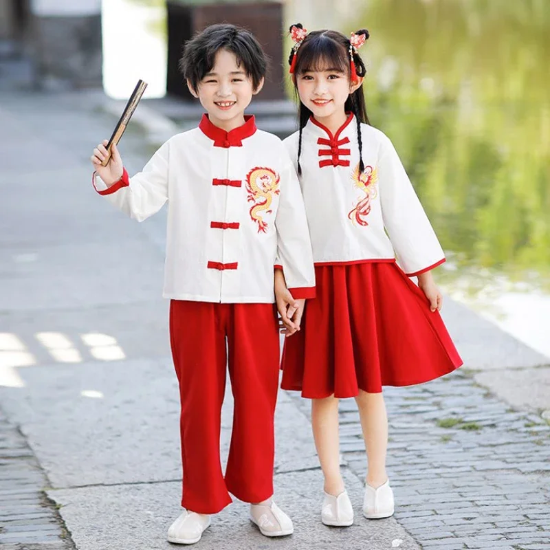 

Китайская вышивка Hanfu Dragon, хлопковый традиционный костюм Тан для мальчиков и девочек, летние свободные топы, брюки, юбка, модель 2022