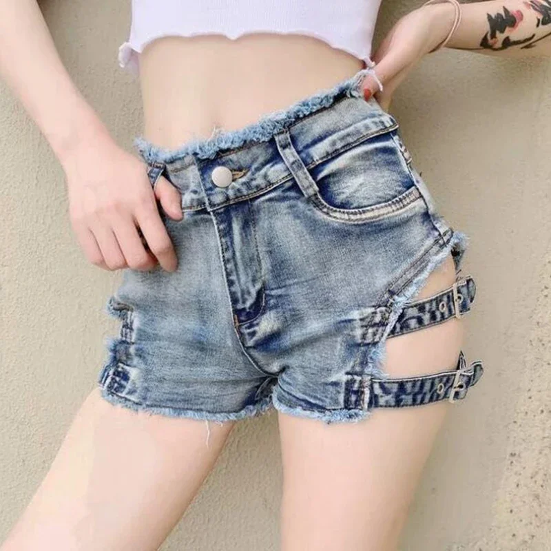 New 2023 Summer Punk Sexy Women Denim Shorts Female Hollow Out Spring Skinny Rock Gothic Mid Waist Jeans Shorts