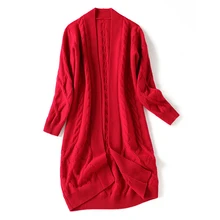 

Long Cardigan Women 100% CASHMERE V-Neck Vintage Geometric Open Stitch Spring/Autumn A-straight Red White Sweater Women
