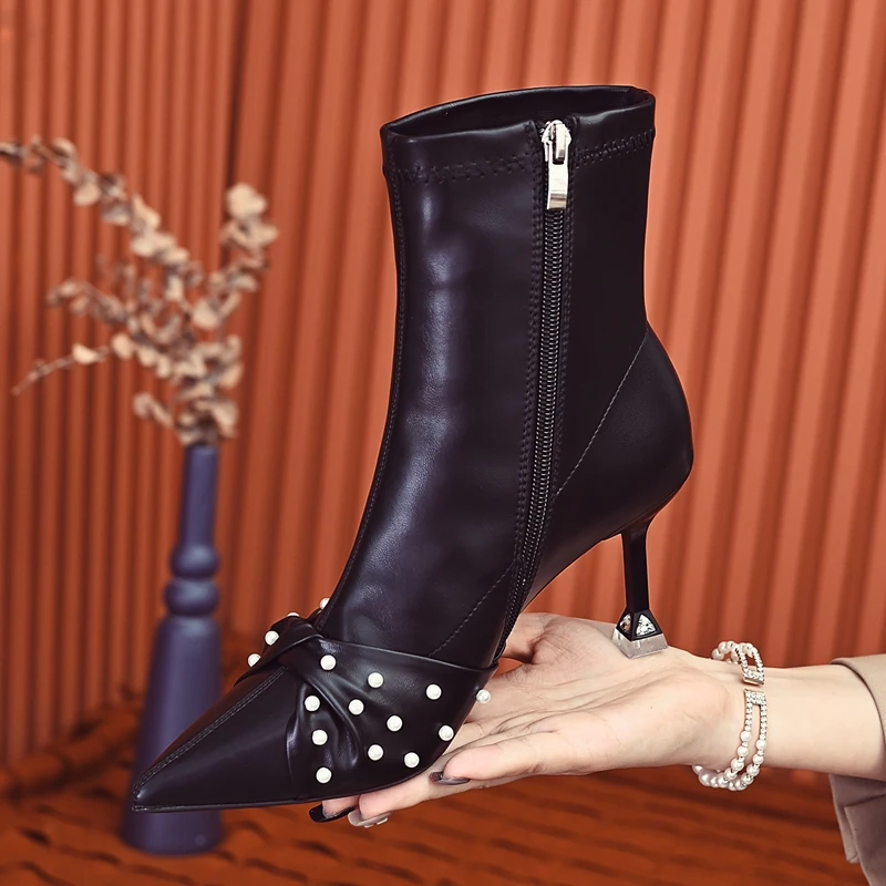 Fashion French Pointed Elastic Short Boots Fall/Winter 2023 New Pure Color Pearl Bow Side Zipper Stiletto High Heel Thin Boots