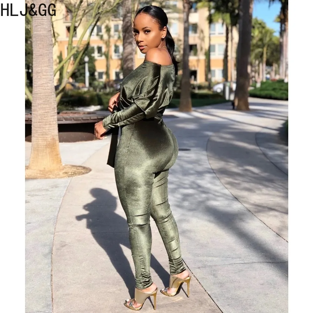 HLJ&GG Fashion One Shoulder Long Sleeve Bodycon Jumpsuits Women Velvet Lace Up Skinny Pants One Piece Playsuits Female Overalls