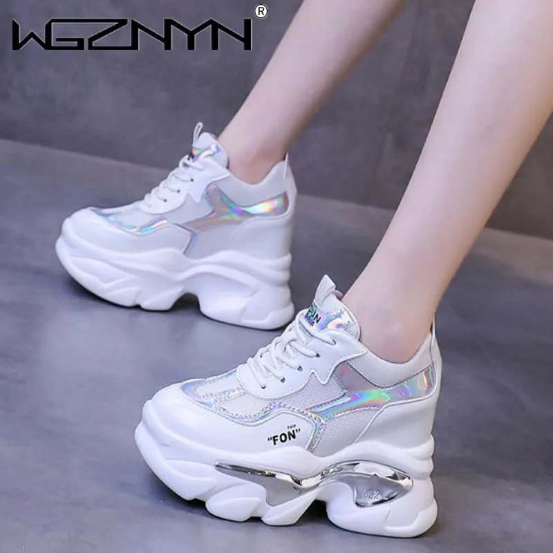 

11CM Mesh Chunky Sneakers Wedge Platform New Breathable Hollow Shoes Pink Sneaker Vulcanized Summer Comfortable Patant Leather