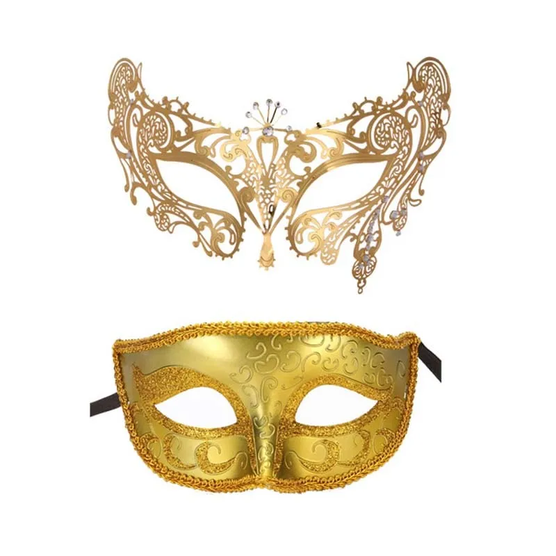 Coppie Masquerade Iron Mask Party Diamond Studded Black Cosplay Eye Mask Set Uomo Donna Copricapo Mezza Faccia In Metallo Maschera Di Halloween