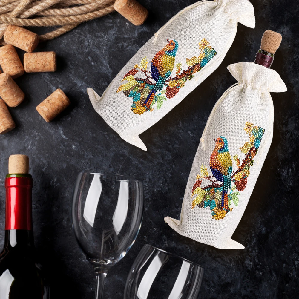 4pcs DIY Diamond Art Label Liquor Bottle Cover Wine Champagne Decorative Bag Rhinestones Wine Wrapping Bag for Party Wine Decor