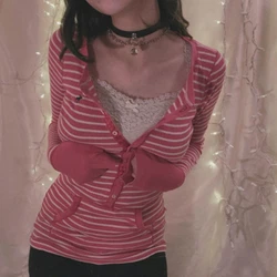 Vintage - Inspired Women's V - Neck Buttoned Long Sleeve T - Shirt with Pocket - XL (Pink)
