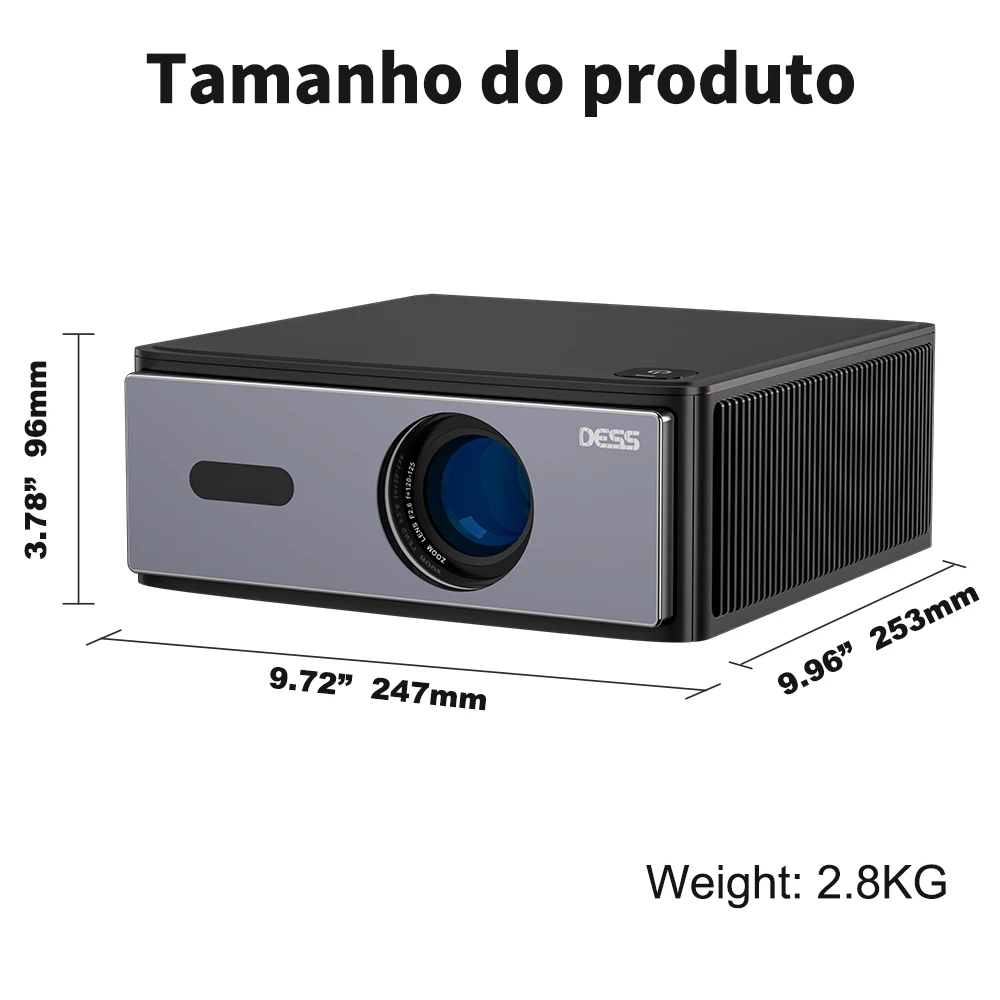 Projetor DESS Full HD 1080P Vídeo 4K Dual WiFi6 Autofoco Correção Keystone Espelhamento Android Projetor 3D Home Theater Cinema