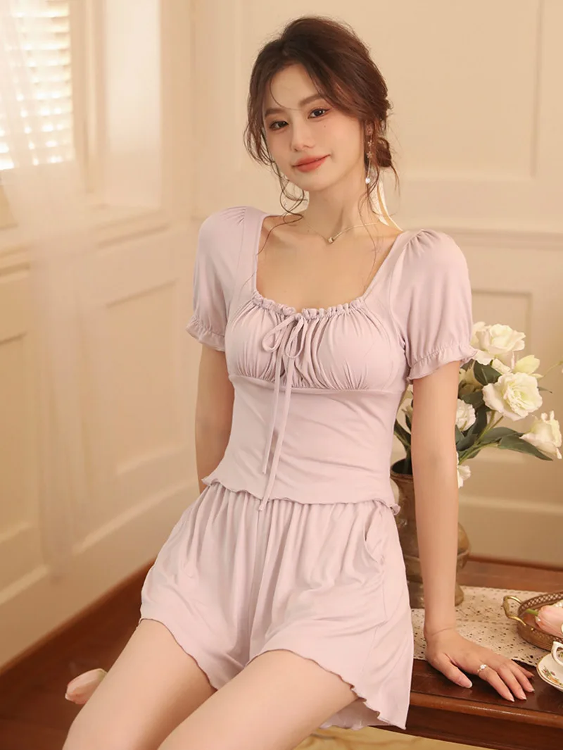 

Female Pajamas Sleepwear Women's Summer Short Sleeve Modal Top Shorts Two Piece Set Sexy Solid Color Sweet Girl Homewear