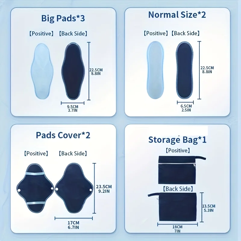 Ultra Absorbent Reusable Sanitary Pads Set - Eco-Friendly Washable Pads with Storage Bag, 8pcs in Blue Polar Fleece