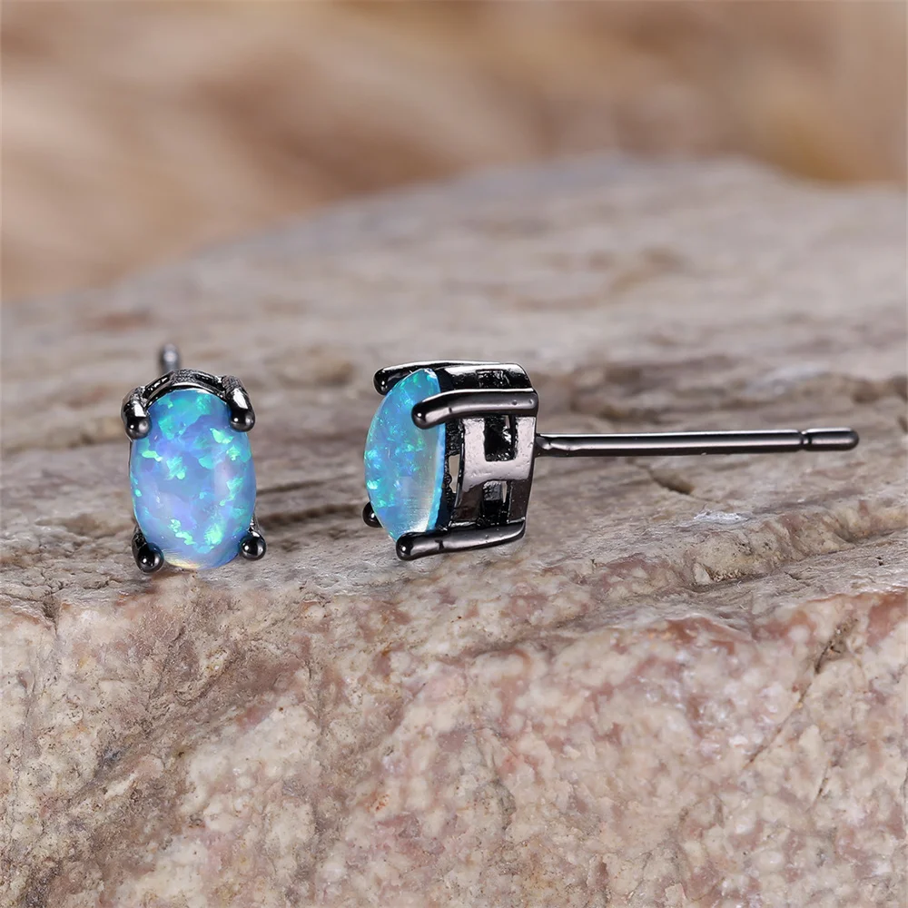 White Blue Fire Opal Small Oval Stone Stud Earrings For Women Vintage Black Metal Wedding Jewelry Minimalist Engagement Gifts