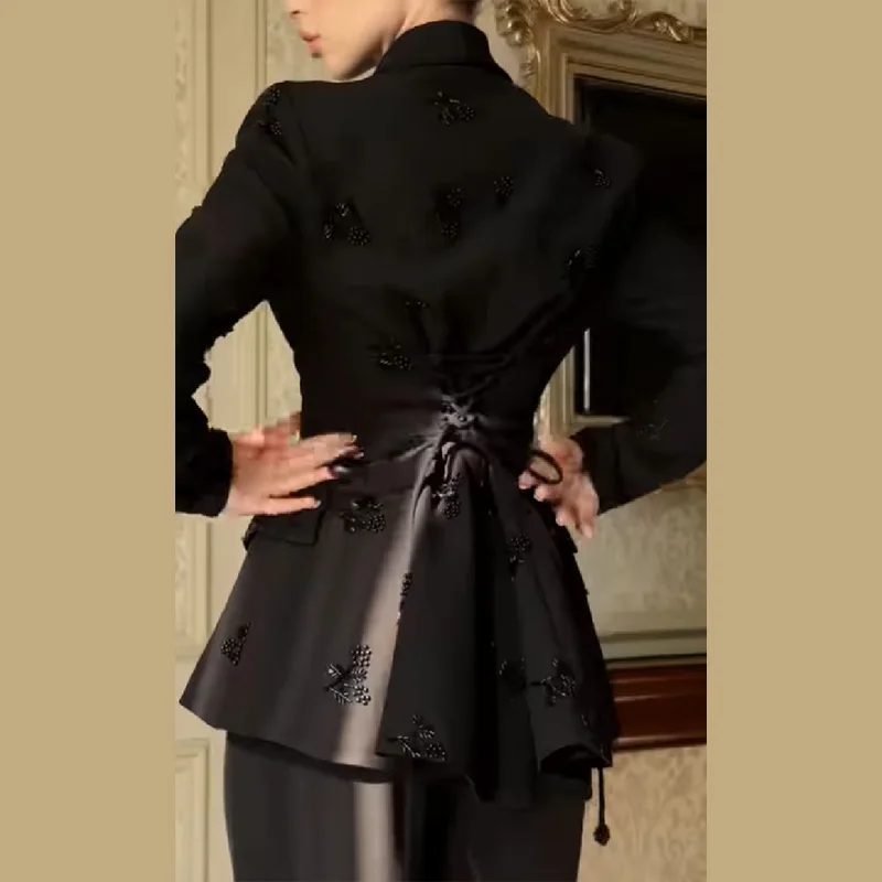 Womens Beaded Double Breasted Jacket Set With Peplum And High Waisted Wide Leg Pants Casual Suit