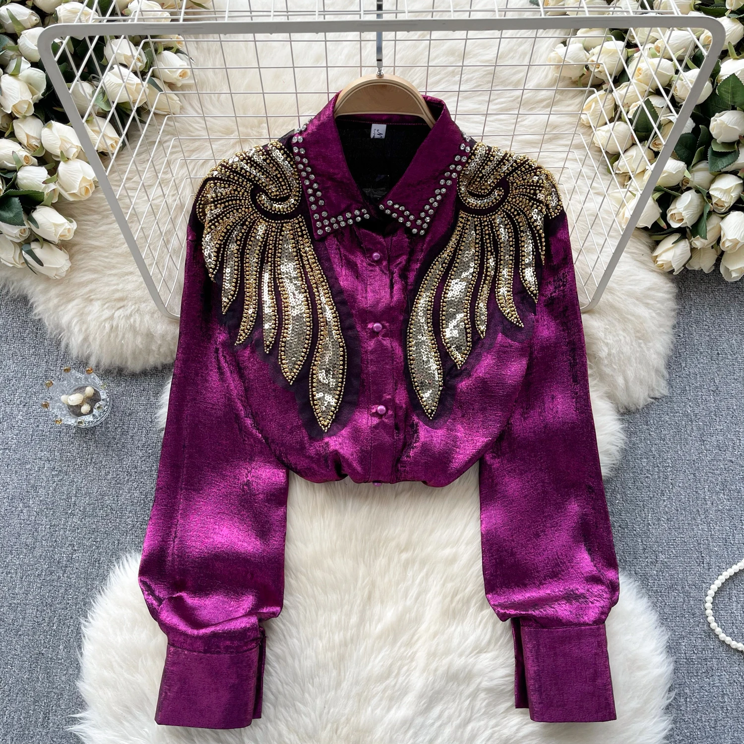 

Clothland Women Sequined Beading Blouse Long Sleeve Candy Color Shirt Female Chic Tops Blusa Mujer LB046