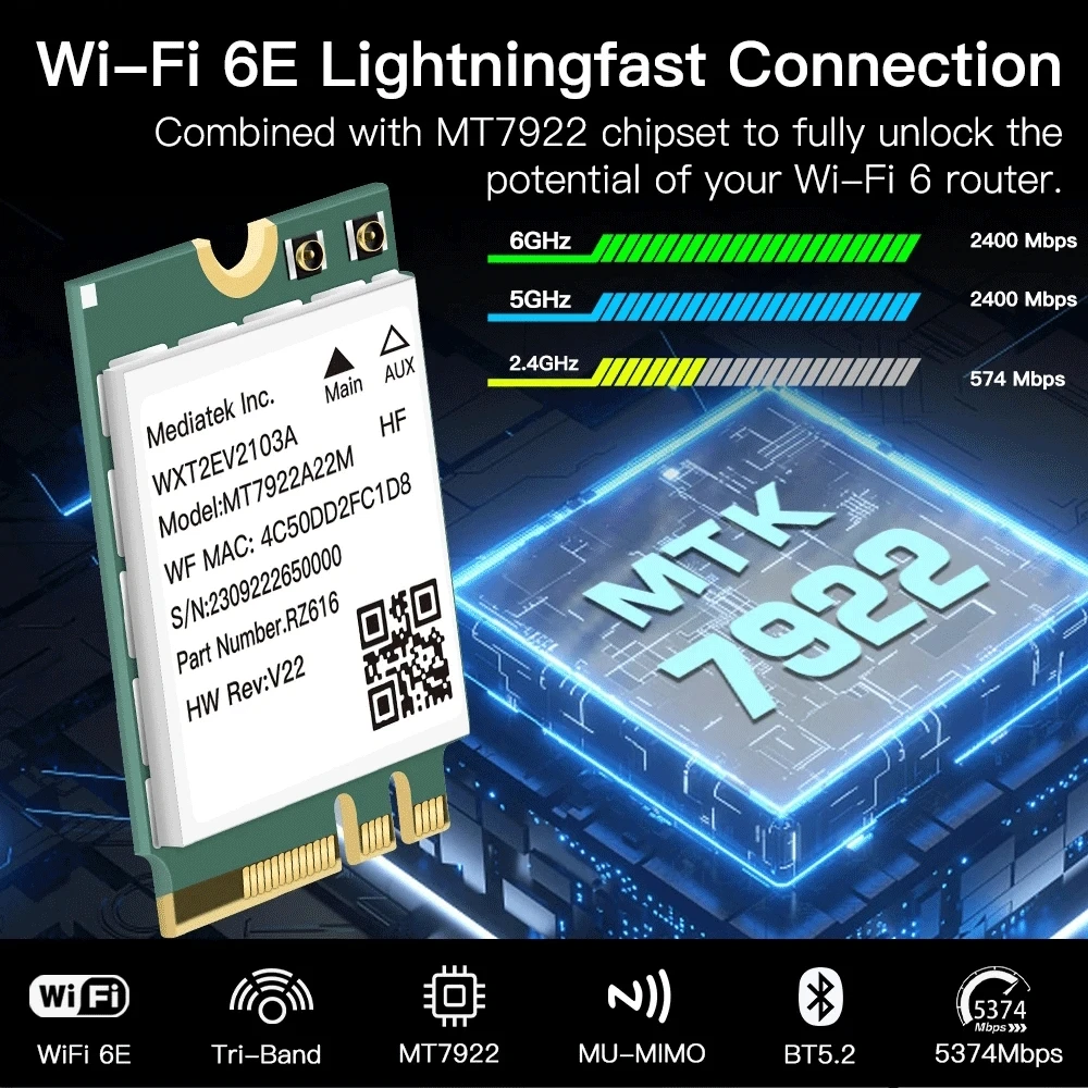 AX5400 WiFi6E MT7922 M.2 무선 카드 BT 5.2 트라이 밴드 2.4G/5G/6Ghz 네트워크 어댑터 802.11AX 무선 어댑터 Win 10/11