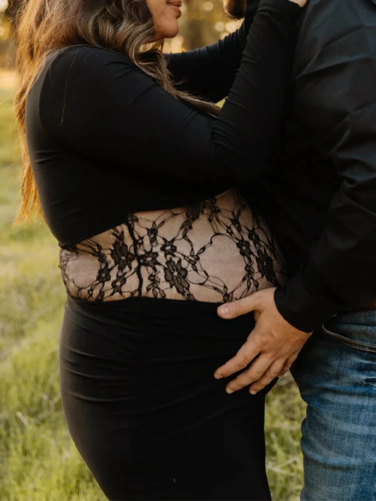 투피스 의상 레이스 허리 크롭 탑 맥시 스커트 긴 소매 블랙 임신 촬영 드레스 우아한 임부복 촬영 세트