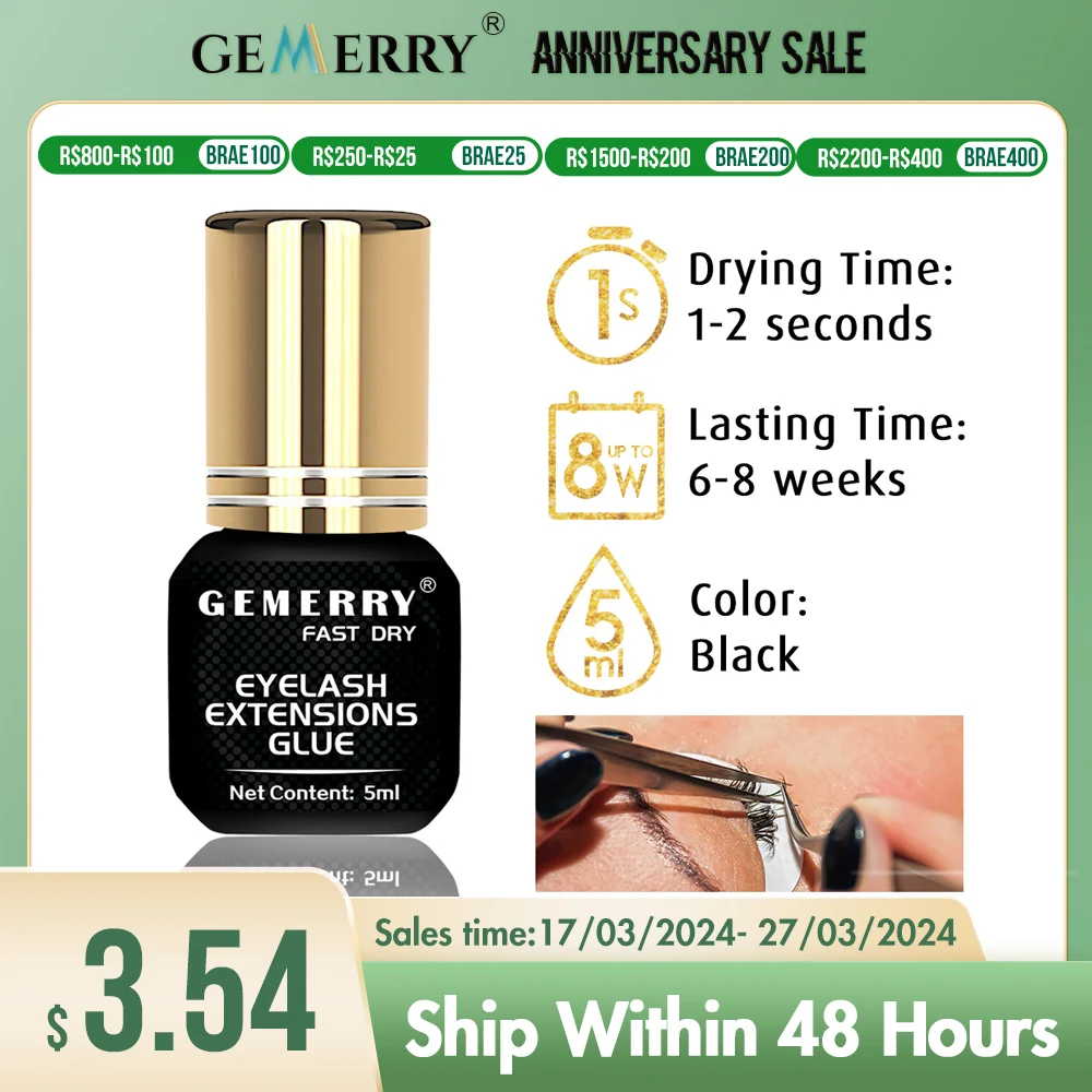GEMERRY 5/10ML Eyelash Glue Fast Drying Eyelashes Extension Glue Black Adhesive Retention 3-6 Months Long Last Lash Glue