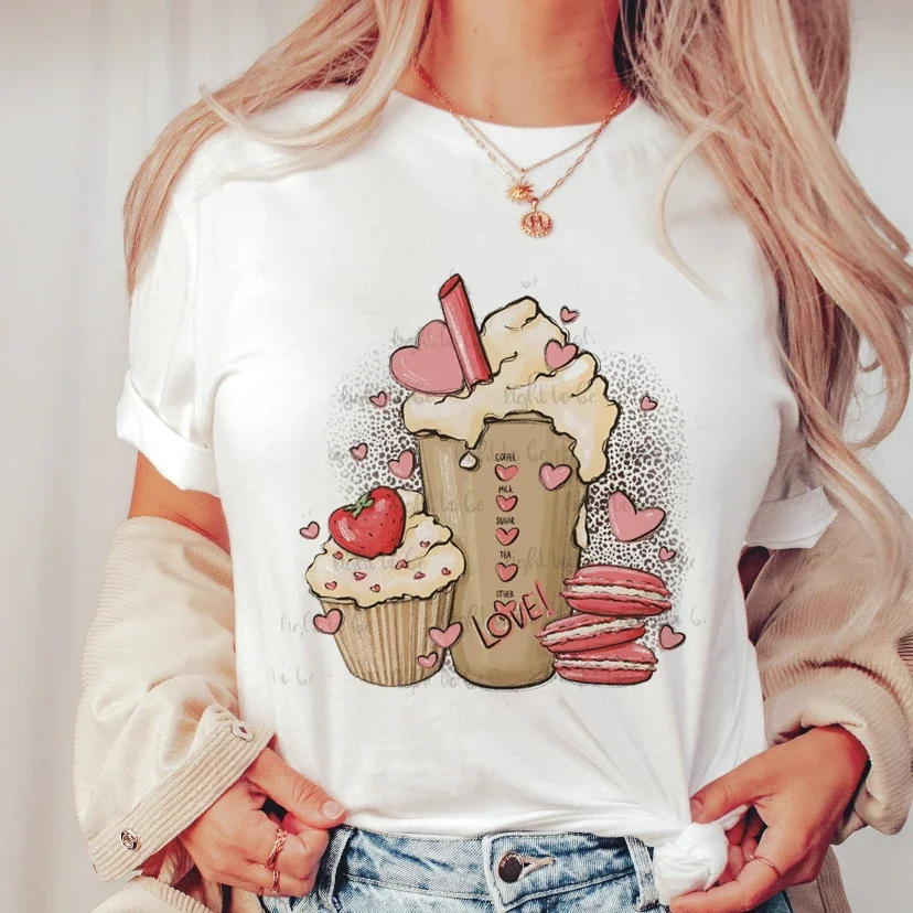 

Love Heart Sweet Valentine Women Clothes Lady Graphic Printing Cute Coffee Fashion Tops Female T Shirt Women T-shirt Dropship