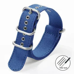 Khaki Nylon Canvas Watch Strap - Versatile Military - Style Wristband - 22mm (Blue - Silver)