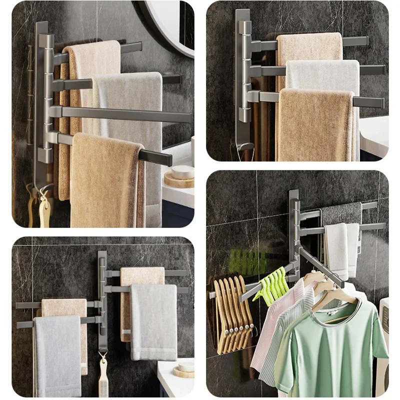 Rotary Towel Holder Gun Grey Punch Free Space Aluminum Toilet Wall Hanging Shelf Multi Bar Bathroom Shelf Towel Bar