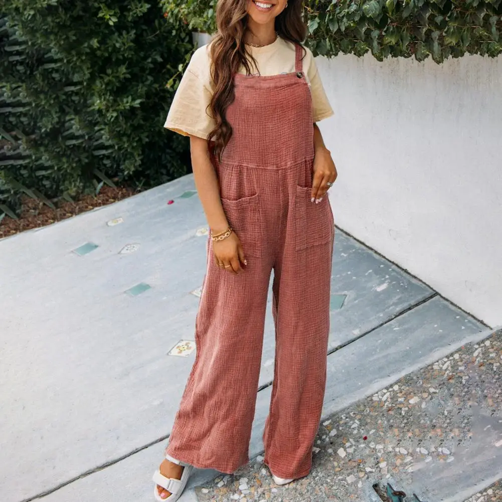 

Women Summer Jumpsuit Patch Pockets Wide Leg Loose Solid Color Sleeveless Full Length Square Neck Long Overalls Female Clothes