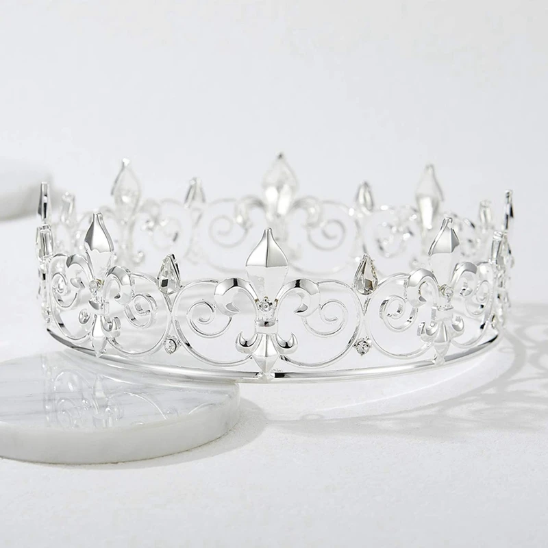 4X Royal King Crown For Men-Metal Prince Crowns And Tiaras, Full Round Birthday Party Hats(Silver)