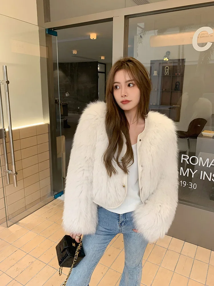 

Short Fox Fur Raccoon Jacket Double-sided Braided Full Sleeve Coat High Street Winter Outerwear Single-breasted Women's Clothing