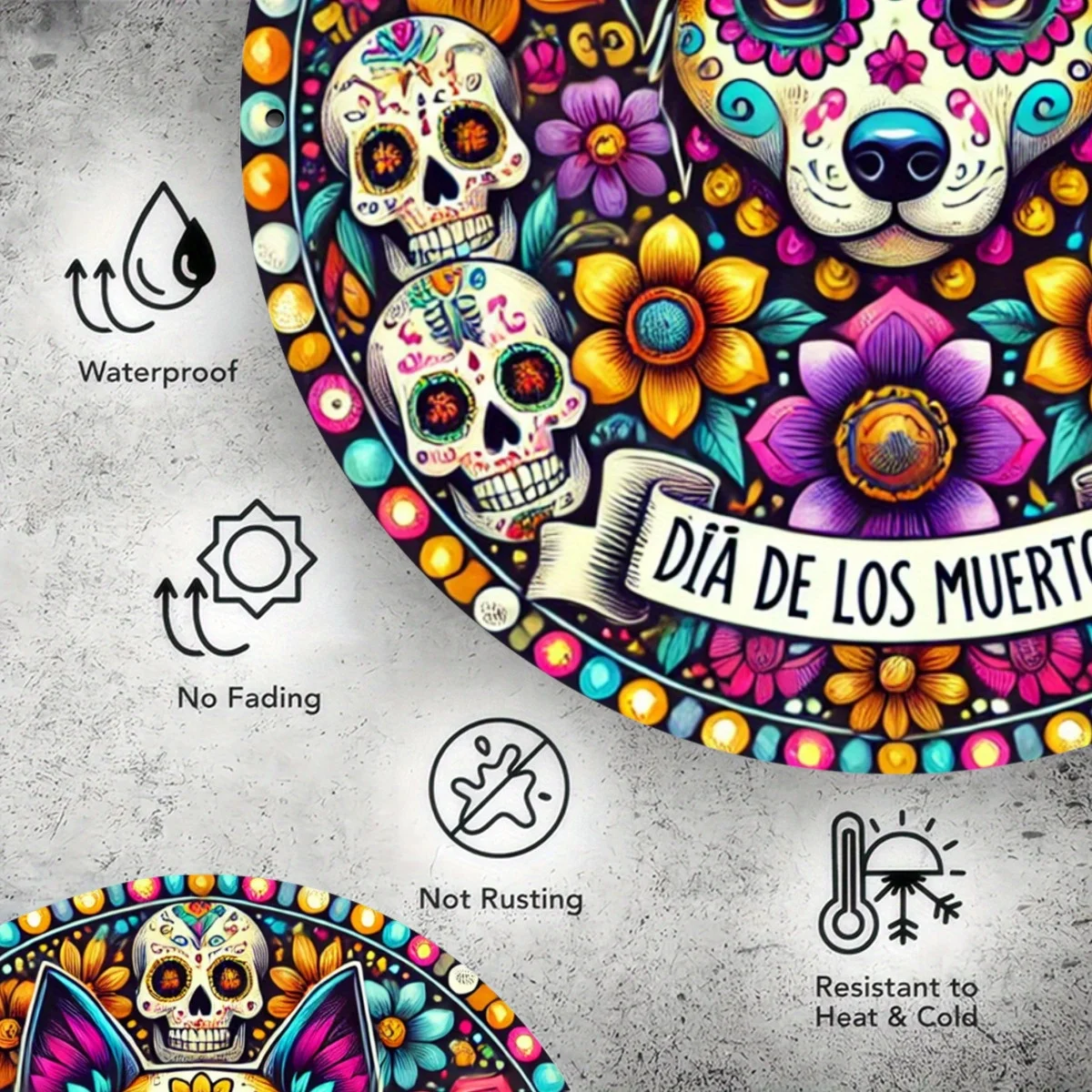 Rundes Holzschild „Day of the Dead“ im Retro-Stil – perfekt für Zuhause, Wand, Tür, Bauernhaus, Bar, Café und Gartendekoration – Detail 6