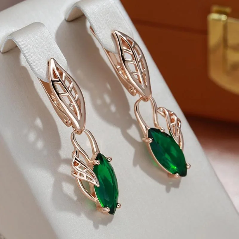 Green Zircon Marquise Stone Tassel Pendant Hoop Earrings For Women Trendy Gold Color Ear Buckle Wedding Jewelry Engagement Gift