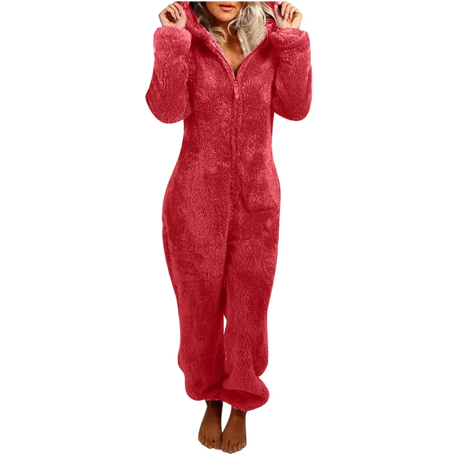 Plus Size Coral Fleece Jumpsuit For Women Christmas Pajamas One-Piece Pyjamas Winter Warm Women Hooded Onesies Sleepwear S-3xl