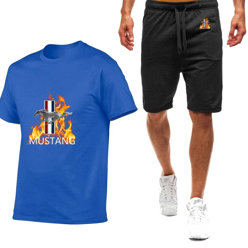 Mustang printing summer men's short sleeve Harajuku style high quality breathable T-shirt shorts suit sportswear.