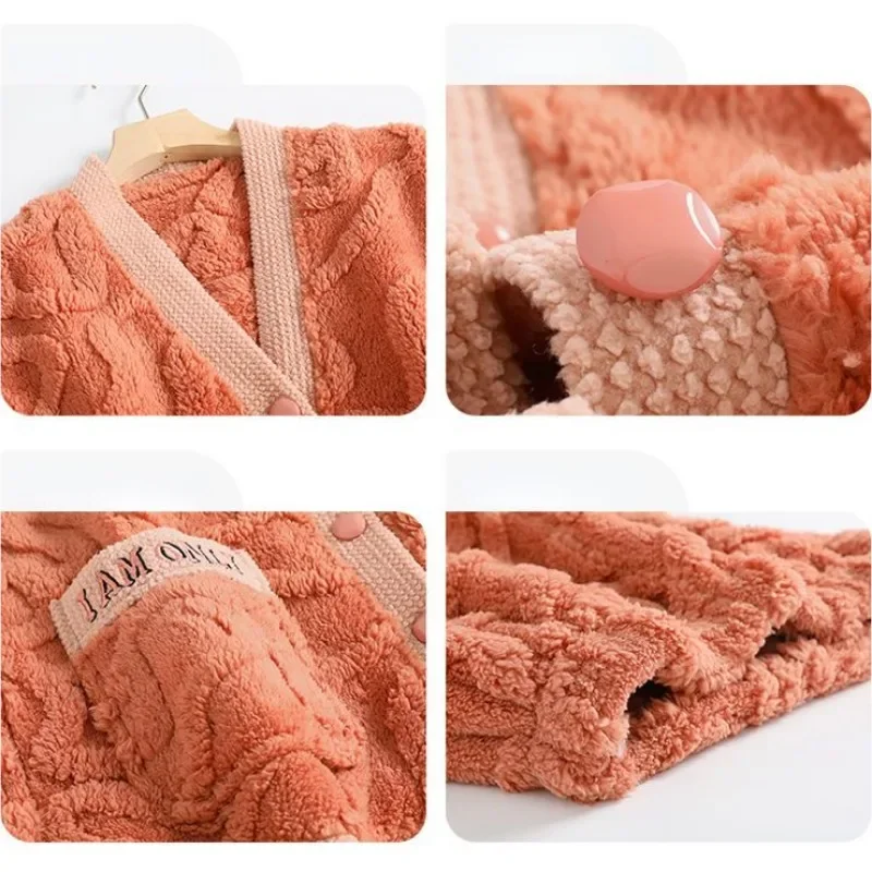 2024 New Women's Pajamas Winter Coral Fleece Loungewear Warm Loose Thick Fleece Sleepwear Autumn Flannel V-neck Homewear Suit