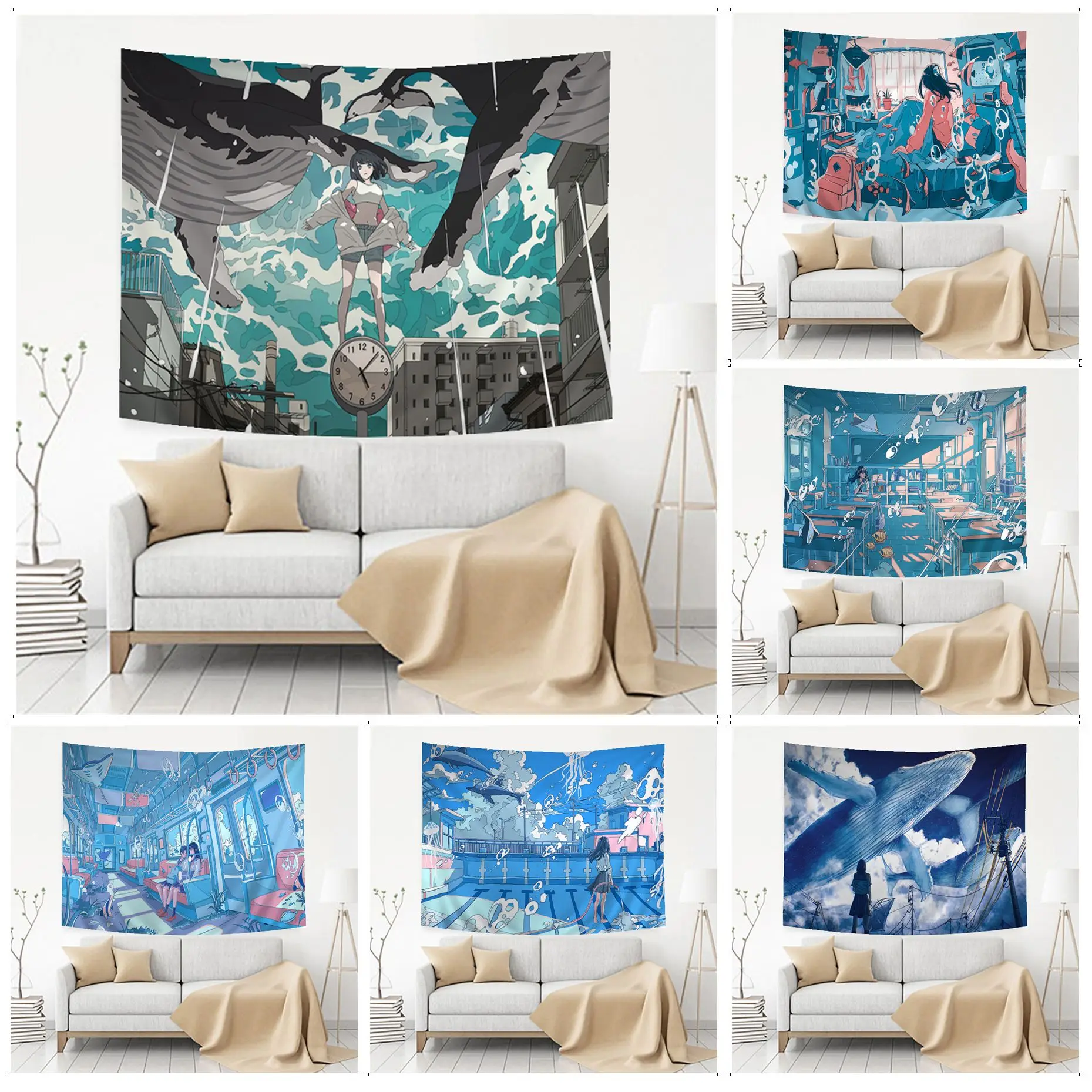 

Whales and Girl Tapestry Anime Tapestry Hanging Tarot Hippie Wall Rugs Dorm Wall Hanging Sheets
