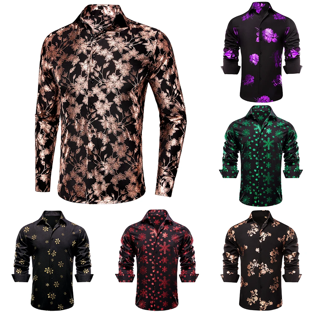 Hi-Tie Black Brown Silk Mens Shirts Christmas Long Sleeve Lapel Shirt Slim Fit Blouse for Male Formal Business Designer Gifts