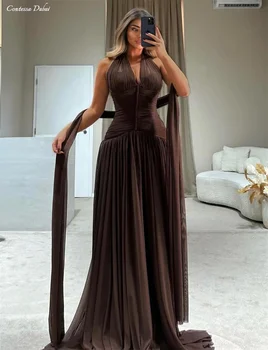 Contessa Customized Brown Chiffon ribbon Halter Neck Prom Dress pleated skirt robes de soirée Floor-Length Formal events dress 1