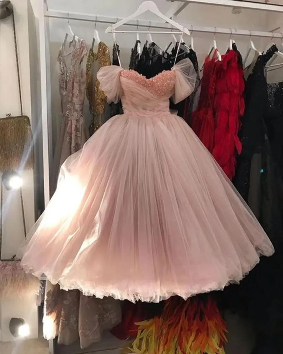 Sparkly Sequined Pink Off The Shoulder Party Prom Gown 2023 Sweetheart Tea Length Women Evening Dresses With Bow Robes De Soirée