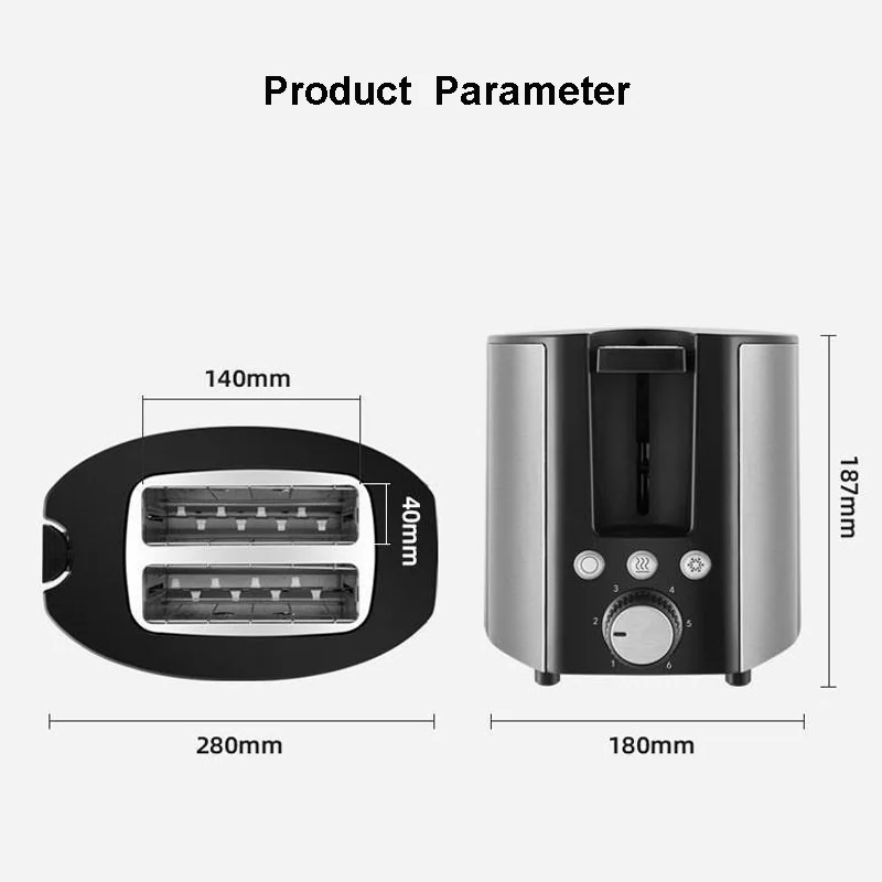 Stainless Steel Electric Electric Toaster 2 Slices Wide Slot 6 Gears Baking Flavor 750W Cancelable Auto Off Bread Maker 6