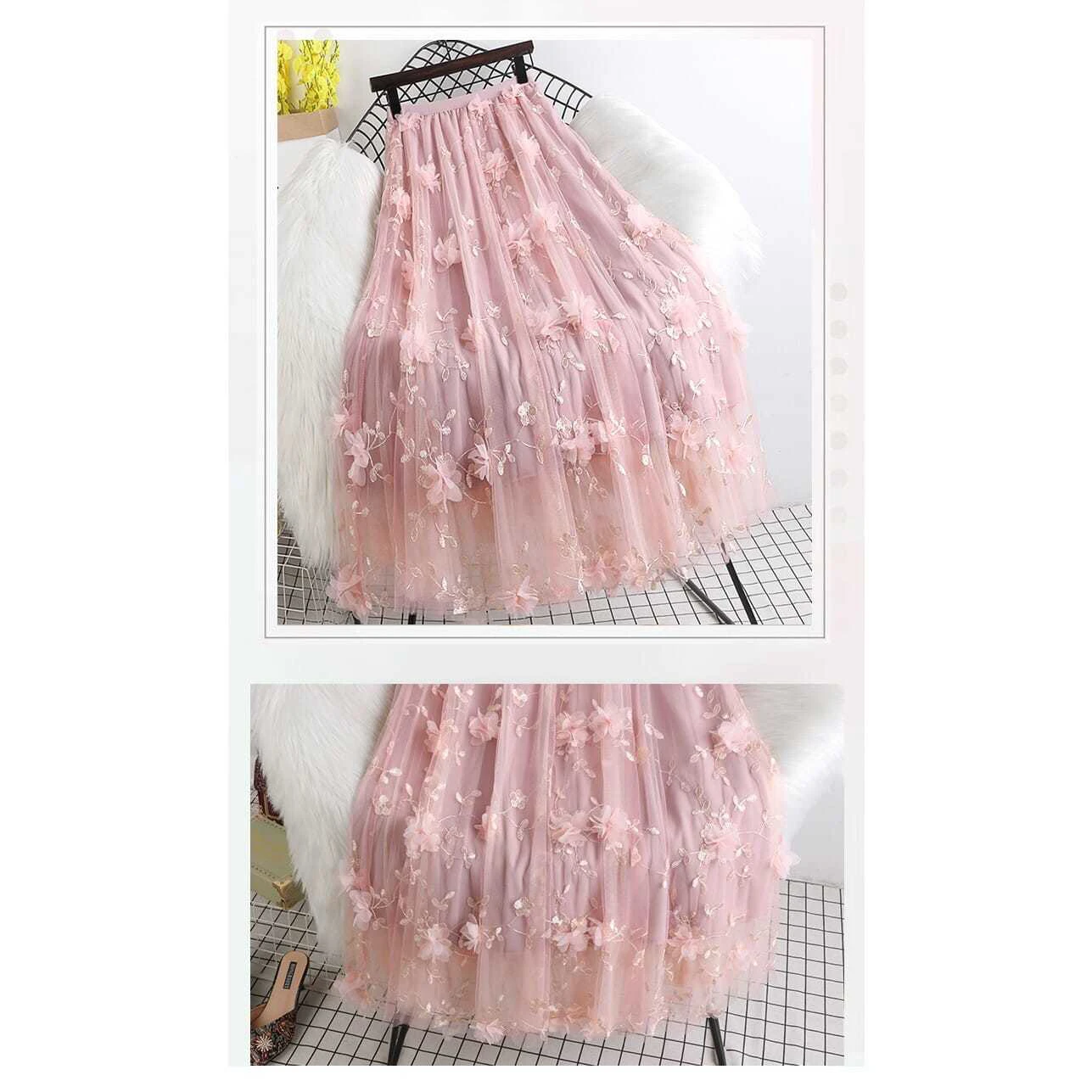 Luxury Woman Skirts 2021 Korean style Fashion Elastic Waist Appliques Embroidery Floral Mesh Skirt Long Gauze Ball Gown Skirt short skirt