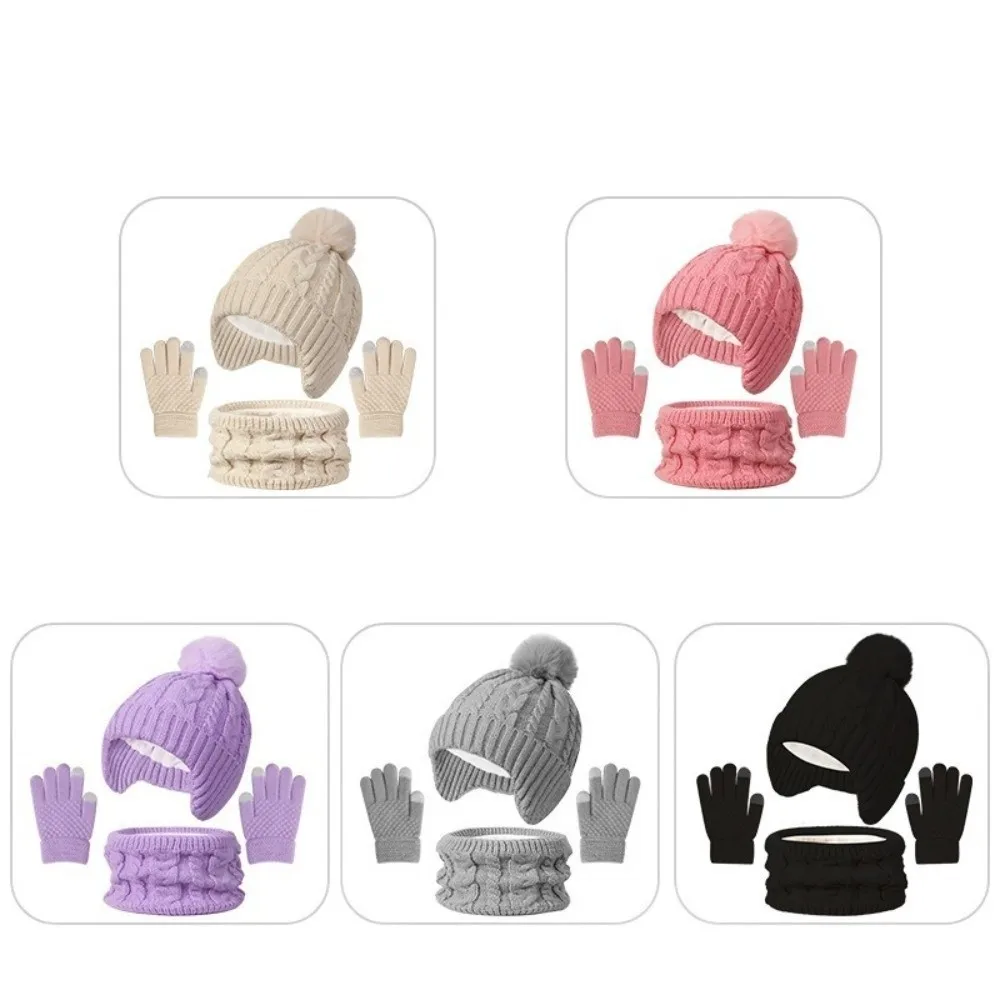Soft Solid Color Baby Hat Scarf Gloves Set Cute Pompom Warm Ears Toddler Knitted Hats Thickened with Velvet Hat Set Outdoor