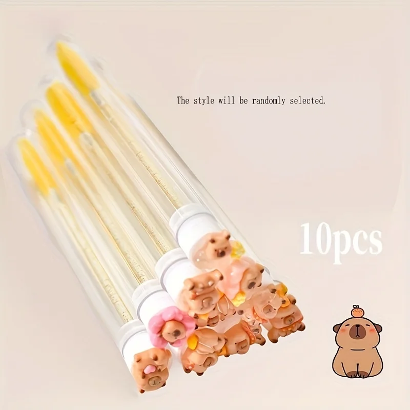 Paket başına 10 adet Kirpik Uzatma Fırçası - Sevimli Kapibara Tasarımlı Oval Şekilli - Yeniden Kullanılabilir Naylon Kıllar ve ABS Plastik Saplı