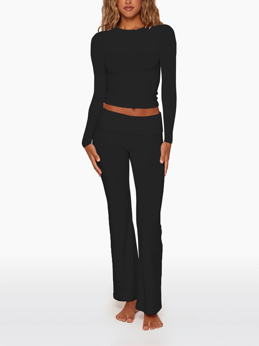 

Women Casual Two Piece Set Solid Color Slim Fit Long Sleeve T-shirts Low Waist Flare Pants Suits Spring Fall Tracksuits Outfits