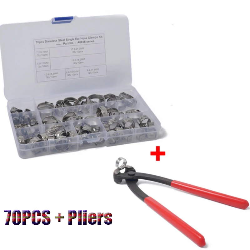 

70pcs Hose Clamps Single Ear Stepless 5.8-21mm 304 Stainless Steel Hose Clamps Cinch Clamp Rings for Sealing Hose with Pliers