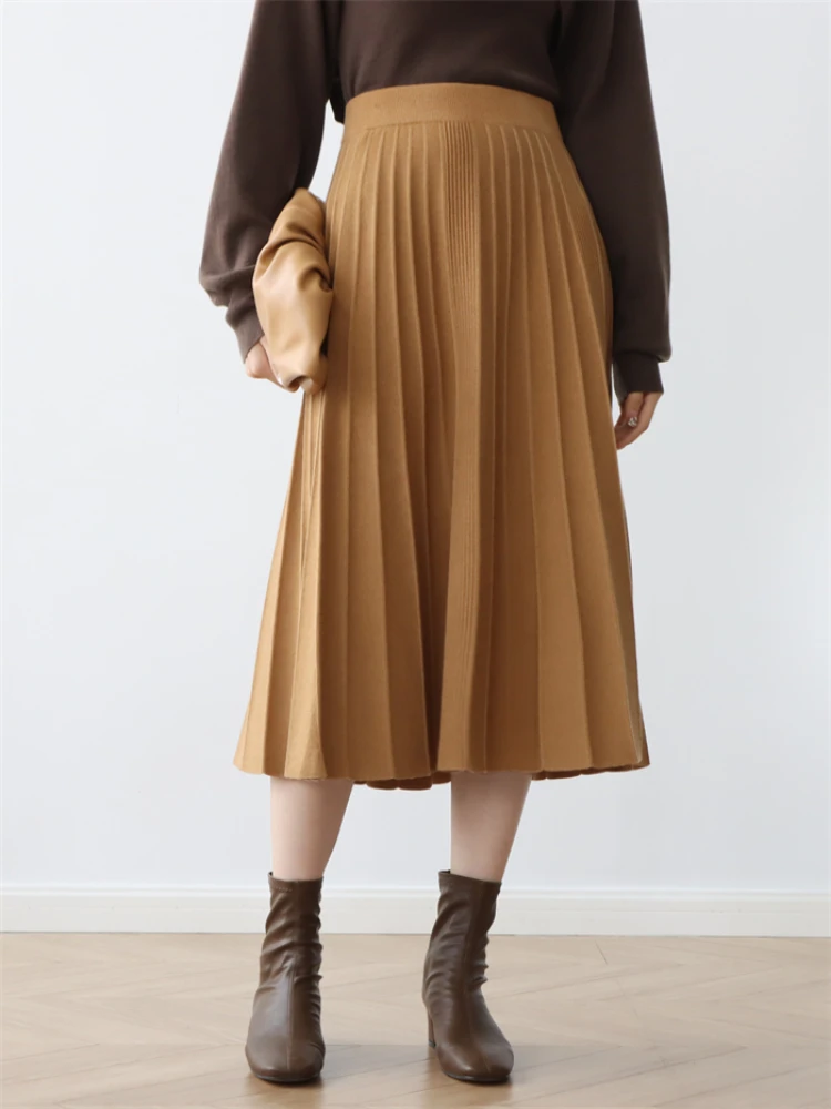 

Knitted Green Skirt Autumn and Winter New Warm A-LINE Long Women's Skirt Fold Design Wool Elastic High Waist Solid Midi Skirt