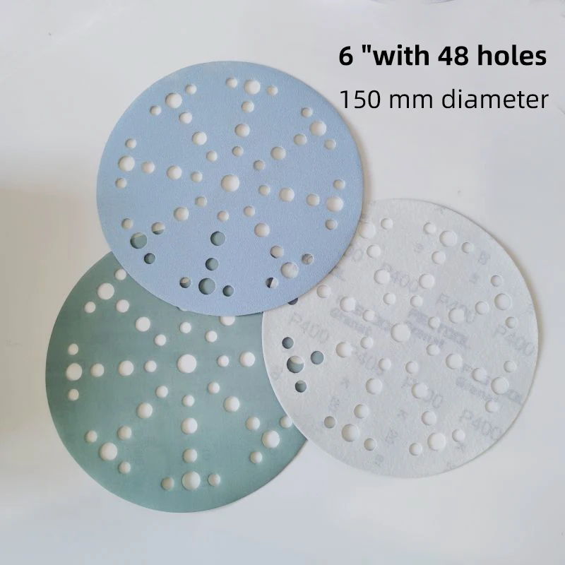 페스툴 6인치 48홀 건식 사포 150mm 원형 플로킹 무분진 자동차 도색 샌딩 디스크 연마재 10개