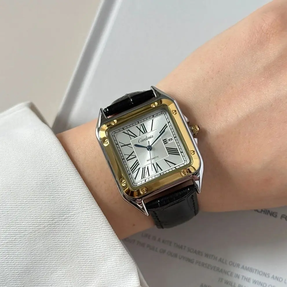 New Women's Watch with Square Roman Numerals, Quartz Movement, Luxurious Stainless Steel Case, Black Leather Strap, Elegant Dress Watch, Date Display, Waterproof, Classic Wristwatch, Women's Vintage S - 6
